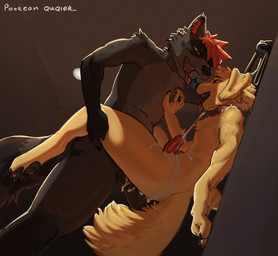against_surface against_wall anal_orgasm anthro bodily_fluids collar collar_only cum cum_while_penetrated cumshot duo ejaculation facial_markings floppy_ears fluffy fluffy_tail fur genital_fluids grey_body grey_fur hands-free head_markings leash leash_pull leashed_collar male male/male male_penetrated male_penetrating male_penetrating_male markings mask_(marking) nude orgasm pawpads penetration saliva sex tail tongue tongue_out quqier bird_dog canid canine canis domestic_dog golden_retriever hunting_dog mammal procyonid raccoon retriever absurd_res hi_res