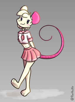 anthro barefoot blush blush_lines bottomwear cheek_tuft clothing crop_top dot_eyes eyelashes facial_tuft feet femboy fur green_eyes hair hands_behind_back male midriff navel pink_bottomwear pink_clothing pink_skirt rat_tail shirt simple_background simple_eyes skirt smile standing tail topwear tuft uniform white_body white_fur white_hair rafvicalv reggie_(whygena) mammal murid murine rat rodent absurd_res hi_res