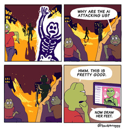 anthro breasts clothed clothing computer dialogue electronics female fire group humor machine male text badphroggy amphibian frog robot comic english_text hi_res signature