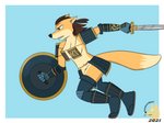 anthro armor bikini_armor breasts brown_hair female fur green_eyes hair katana melee_weapon navel orange_body orange_fur ponytail shield simple_background solo sword unconvincing_armor weapon djcoyoteguy microsoft the_elder_scrolls roselyn_(djcoyoteguy) canid canine fox lilmothiit mammal 4:3 hi_res