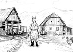 anthro anthro_focus big_breasts bottomwear breasts bucket car clothed clothing container countryside eyes_closed farm female feral fully_clothed mountain mud skirt smile solo_focus text vehicle hladilnik zena_(hladilnik) ambient_chicken bovid caprine goat mammal 2024 english_text hi_res monochrome sketch