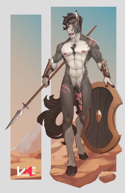 abs anatomically_correct anatomically_correct_genitalia anatomically_correct_penis animal_genitalia animal_penis anthro areola armor balls biceps big_balls big_penis biped black_hair black_tail body_hair chest_hair equine_genitalia equine_penis eyebrows facial_scar fingers flaccid fur genitals gloves_(marking) grey_body grey_fur hair holding_melee_weapon holding_object holding_polearm holding_spear holding_weapon hooved_fingers hooves leg_markings leg_scar logo male markings medial_ring melee_weapon mottled mottled_genitalia mottled_penis muscular muscular_anthro muscular_male navel nipples nude open_mouth pecs penis pink_areola pink_nipples polearm red_eyes scar sheath shield shoulder_scar snout snout_scar socks_(marking) solo spear standing tail teeth tongue unguligrade vambrace weapon white_body white_fur vesper_art havoc_(havoc_wolf) equid equine horse mammal 2022 absurd_res artist_logo digital_media_(artwork) hi_res