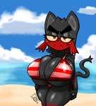 anthro big_breasts bikini black_body black_fur breasts clothing female fur huge_breasts looking_at_viewer markings pupils red_bikini red_body red_clothing red_eyes red_fur red_markings red_pupils red_swimwear short_stack solo swimwear tail two-piece_swimsuit yellow_eyes yellow_sclera dus duskizi nintendo pokemon felid feline generation_7_pokemon litten mammal pokemon_(species) 2024 absurd_res hi_res