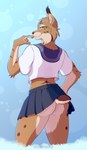 anthro asian_clothing blue_background blue_bottomwear blue_clothing blue_eyes blue_skirt bottomwear brown_body brown_fur butt clothed clothing clothing_lift crop_top crossdressing ear_tuft east_asian_clothing femboy finger_to_mouth fingers fur gesture japanese_clothing japanese_school_uniform male markings miniskirt multicolored_body multicolored_fur nub_tail pleated_skirt presenting presenting_hindquarters raised_bottomwear raised_clothing raised_skirt rear_view school_uniform shirt simple_background skirt skirt_lift small_waist smile smiling_at_viewer smirk smirking_at_viewer solo spots spotted_body spotted_fur suggestive suggestive_clothing suggestive_gesture suggestive_look suggestive_pose teasing thick_thighs topwear tuft uniform white_body white_clothing white_fur energyvector aspen_(crenchaw_wolf) eurasian_lynx felid feline lynx mammal absurd_res hi_res shaded watermark