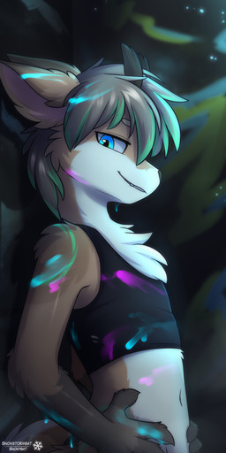 blue_eyes bodypaint clothing crop_top cute_fangs fangs graffiti looking_at_viewer male shirt smug solo teeth topwear snowybark forte_(deerfoxcritter) canid canine deer fox hybrid mammal absurd_res hi_res portrait