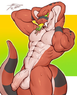 abs anthro balls biceps black_body black_tail bodily_fluids countershading fangs food foreskin genitals gradient_background green_eyes hand_on_head head_markings humanoid_genitalia humanoid_penis looking_at_viewer male markings multicolored_body multicolored_tail muscular muscular_anthro muscular_male nude nude_anthro nude_male pecs penis popsicle raised_arm red_body red_tail simple_background solo sweat tail tail_markings teeth tongue triceps vein veiny_penis white_body white_tail yellow_eyes ziran rit_(zi_ran) cobra legged_snake reptile scalie snake 2025 hi_res