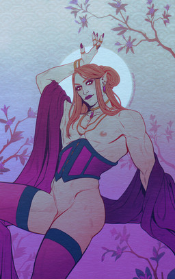 ambiguous_gender belly clothing collar corset ear_piercing ear_ring femboy flower genitals hair humanoid_genitalia humanoid_pointy_ears jewelry legwear lingerie lipstick long_hair looking_at_viewer makeup male nails nipples not_furry piercing plant pointy_ears pose pupils red_hair ring_(jewelry) ring_piercing solo stockings topwear white_pupils road~abelgeym elf humanoid mammal vampire absurd_res hi_res pinup portrait three-quarter_portrait