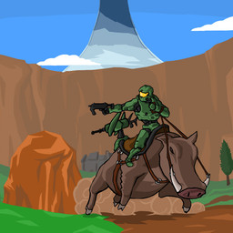ambiguous_gender duo feral gun halo_(device) harness holding_gun holding_object holding_ranged_weapon holding_reins holding_weapon humor male mount outside pun ranged_weapon reins riding saddle slightly_chubby vehicle visual_pun weapon hidaihazo12 halo_(series) microsoft xbox_game_studios master_chief domestic_pig mammal suid suine sus_(pig) warthog 1:1