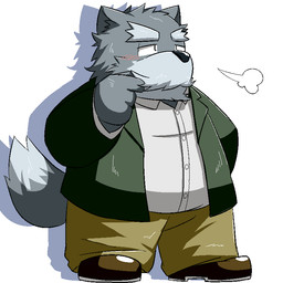 anthro belly black_nose blush bottomwear clothing fur grey_body grey_fur kemono male overweight overweight_anthro overweight_male pants shirt simple_background solo topwear white_background emufu canid canine canis mammal wolf 1:1 2015