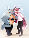 anthro armpit_hair barazoku blush body_hair bottomwear bra bulge chest_hair clothing clothing_pull collared_shirt dress_shirt duo eyewear facial_hair frilly frilly_bra frilly_clothing frilly_legwear frilly_panties frilly_thigh_highs frilly_underwear glasses kissing_cheek legwear lingerie male male/male necktie necktie_pull panties pants pubes shirt surprise surprised_expression thigh_highs topwear underwear purplecider dylan_(purplecider) wallace_(purplecider) canid canine fox gulonine mammal marten mustelid musteline hi_res