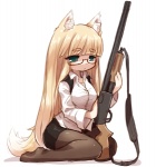 arched_back blonde_hair blush bottomwear breasts butt chibi clothing comically_large_object dress dwarfism ears_up eyewear female fox_tail glasses green_eyes gun hair half-closed_eyes holding_gun holding_object holding_ranged_weapon holding_weapon legwear long_hair long_sleeves looking_away miniskirt narrowed_eyes oversized_weapon ranged_weapon short_stack shotgun simple_background sitting skirt solo stockings straps tail weapon white_background white_body white_clothing white_skin crab_man_(artist) animal_humanoid canid canid_humanoid canine canine_humanoid fox fox_humanoid humanoid hybrid mammal mammal_humanoid tailed_humanoid full-length_portrait icon portrait