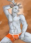 anthro boxer_briefs clothed clothing ear_piercing ear_ring hand_behind_head horn iron_artist jockstrap male muscular muscular_anthro muscular_male nipples orange_clothing orange_underwear piercing raised_arm ring_piercing simple_background sitting skimpy solo topless underwear bastriw deer equid mammal 2017 digital_media_(artwork) hi_res