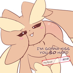 anthro black_sclera blonde_eyebrows blush eyebrows fur looking_at_viewer nude open_mouth seductive solo text tongue yellow_body yellow_fur catedging nintendo pokemon generation_4_pokemon lagomorph lopunny mammal pokemon_(species) 1:1 2026 absurd_res english_text hi_res