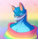 anthro blue_body blue_eyes blue_fur blue_hair demiboy_pride_colors face_mask flag flag_(object) fur hair lgbt_pride looking_at_viewer male pride_color_background pride_color_face_mask pride_color_flag pride_colors rainbow_flag rainbow_pride_colors rainbow_pride_flag rainbow_symbol simple_background six-stripe_rainbow_pride_colors solo wearing_flag zuhishy folfy_blue canid canine hybrid mammal hi_res