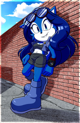 acorn belly blue_body blue_eyes blue_fur boots breasts brick brick_wall clock clothing eyewear female food footwear fruit fur glasses hair jacket long_hair nut_(fruit) plant shoes small_breasts solo thick_thighs topwear wall_(structure) watch wristband wristwatch xxkenthewolfxx sega sonic_the_hedgehog_(series) fan_character absurd_res hi_res