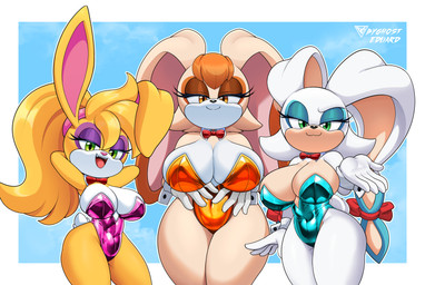 5_fingers anthro big_breasts big_ears black_nose blue_background blue_body blue_clothing blue_eyeshadow blue_fur blue_leotard bow_tie breasts brown_eyes brown_eyeshadow clothing cuffs_(clothing) dipstick_ears ear_markings eyeshadow female fingers floppy_ears front_view fur gloves green_eyes group hair half-closed_eyes hands_behind_head handwear huge_breasts leotard long_ears looking_at_viewer lop_ears makeup multicolored_ears narrowed_eyes navel_outline one_ear_up open_mouth open_smile orange_body orange_clothing orange_fur orange_leotard pink_nose ponytail purple_clothing purple_eyeshadow purple_leotard red_bow red_bow_tie simple_background smile tan_body tan_fur thick_thighs trio white_background white_body white_clothing white_fur white_gloves white_handwear wide_hips yellow_body yellow_fur byghosteduard archie_comics sega sonic_the_hedgehog_(archie) sonic_the_hedgehog_(comics) sonic_the_hedgehog_(series) bunnie_rabbot carrotia_the_rabbit_(archie_sonic) vanilla_the_rabbit lagomorph leporid mammal rabbit absurd_res hi_res