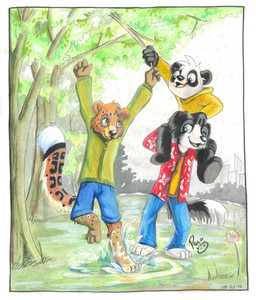 anthro black_body black_fur blue_bottomwear blue_clothing blue_pants blue_shorts bottomwear carrying_another clothed clothing front_view fur glistening glistening_eyes green_clothing green_eyes green_jacket green_topwear group head_tuft hoodie jacket male male_anthro on_shoulders open_clothing open_mouth open_smile open_topwear orange_body orange_fur pants plant playful raining red_clothing red_topwear shorts smile topwear tree trio tuft white_body white_fur yellow_clothing yellow_hoodie yellow_topwear young young_anthro young_male pandapaco andy_(andysnowleopard) parinton roni_(imroni) bear border_collie canid canine canis collie domestic_dog felid giant_panda herding_dog mammal pantherine pastoral_dog sheepdog snow_leopard hi_res