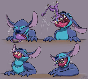 4_fingers 4_panel_comic 5_fingers almost_fully_inside anthro anthro_on_anthro anthro_pred anthro_prey big_tongue blue_body blue_fur bodily_fluids borderless_panel duo eyes_closed fingers fur grey_background head_first heart_symbol male male/male male_pred male_prey micro motion_lines neck_bulge notched_ear open_mouth oral_foot_gulp oral_vore purple_body purple_fur saliva saliva_on_tongue saliva_string simple_background sound_effects swallowing swallowing_sound_effect tan_body tan_fur text tongue vore willing_prey akins disney lilo_and_stitch nintendo pokemon rico_akins_(character) stitch_(lilo_and_stitch) alien experiment_(lilo_and_stitch) generation_1_pokemon mammal murid pokemon_(species) rattata rodent 2026 absurd_res artist_name cel_shading dated digital_drawing_(artwork) digital_media_(artwork) hi_res sequence shaded smaller_version_at_source