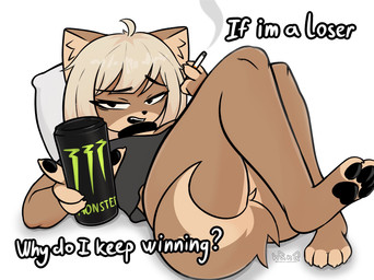 anthro bottomless cigarette clothed clothing collar female looking_at_viewer lying on_back pillow simple_background solo text white_background dogfailureowo monster_energy hana_(dogfailureowo) canid canine canis domestic_dog mammal english_text hi_res