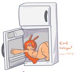 antennae_(anatomy) anthro appliance dialogue dripping fridge in_fridge kitchen_appliance male nude open_mouth orange_body pseudo_hair question red_sclera simple_background sitting slime solo teapot_(body_type) text white_background white_eyes eternallytardy poko_polka_(eternallytardy) goo_creature goo_humanoid humanoid digital_media_(artwork) english_text