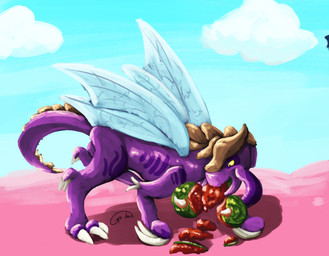 ambiguous_gender brown_markings exoskeleton feet feral food fruit insect_wings markings melon plant purple_body purple_markings solo talons toes tusks watermelon wings gyrotech blizzard_entertainment starcraft zerg zergling hi_res