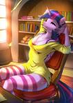 2018 absurd_res anthro biped book bra breasts clothed clothing cutie_mark equid equine female fidzfox friendship_is_magic hair hasbro hi_res horn inside legwear mammal my_little_pony mythological_creature mythological_equine mythology pattern_clothing pattern_legwear sitting solo stockings striped_clothing striped_legwear stripes twilight_sparkle_(mlp) underwear winged_unicorn wings