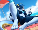 anthro beach beach_towel bent_legs beverage blue_body blue_hair blush breasts container cup female genitals glass glass_container glass_cup grey_eyes hair horn looking_at_viewer lying on_back parasol paws pussy sea smile smooth_tail solo spread_legs spreading summer towel water redmn mythology dragon mythological_creature mythological_scalie scalie 2024 absurd_res digital_media_(artwork) hi_res