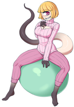 1_eye 5_fingers 5_toes ball barefoot big_eyes big_tail blonde_hair blush breasts cleavage cleavage_cutout clothed clothing cutout exercise_ball eyelashes feet female fingers fully_clothed grin hair keyhole_turtleneck light_body light_skin long_tail multicolored_body multicolored_skin noseless not_furry on_ball pale_skin pink_clothing pink_eyes pupils sharp_teeth short_hair simple_background sitting_on_ball smile solo sweater tail teeth toes topwear turtleneck two_tone_body two_tone_skin white_background white_pupils ittla annie_(anaid) cyclops humanoid tailclops_(race) tailclops_(species) absurd_res full-length_portrait hi_res portrait