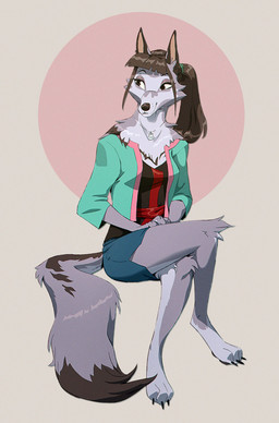 3_toes anthro bangs barefoot big_tail bottomwear bracelet cheek_tuft clothing collared_shirt cropped_jacket crossed_legs dress_shirt facial_tuft feet female fluffy fluffy_tail fur grey_body grey_fur hair jewelry long_hair long_tail looking_aside miniskirt neck_tuft pawpads pointy_ears ponytail shirt simple_background skirt snout solo tail tied_hair toes topwear tuft ruffu sayang_(ruffu) canid canine canis mammal wolf digital_drawing_(artwork) digital_media_(artwork)