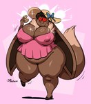 anthro big_breasts bottomless breasts brown_body brown_fur clothed clothing cookie eating female food fur hat headgear headwear heart_eyes heart_symbol huge_breasts nipple_outline overweight overweight_female solo sun_hat thick_thighs wide_hips joaoppereiraus nintendo pokemon sandria_suncake eevee generation_1_pokemon pokemon_(species) 2025 hi_res