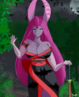 anthro asian_clothing big_breasts breasts clothing cybernetic_limb cybernetics east_asian_clothing female green_eyes hair huge_breasts japanese_clothing kimono machine melee_weapon purple_body purple_hair solo sword weapon duplicatename zanthia_(duplicatename) bat mammal hi_res