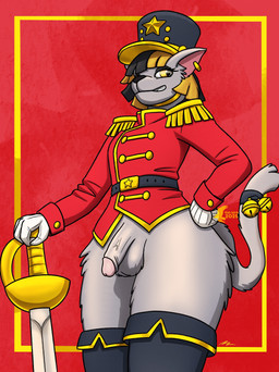 accessory anthro balls bell belt bottomless bottomless_male chinstrap clothed clothing ear_piercing ear_ring epaulet femboy furgonomics genitals gloves grin handwear hat headgear headwear humanoid_genitalia humanoid_penis jingle_bell legwear male melee_weapon nutcracker penis piercing ring_piercing smile solo sword tail tail_accessory tail_bell thigh_highs uniform uniformed_male weapon fish_birb jaspar_(pajamamcham) domestic_cat felid feline felis mammal absurd_res hi_res