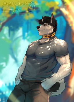 anthro black_body black_fur black_hair clothing collar fur fur_markings hair hands_in_both_pockets male markings nature_background outside shirt solo standing t-shirt tail topwear white_body white_fur ayato_kamata joseph_(anjing_kampuss) canid canine canis domestic_dog mammal nordic_sled_dog spitz hi_res watermark
