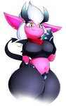 anthro belly big_ears bottomwear breasts clothed clothing female front_view horn looking_at_viewer navel pants pink_body pink_skin scarf shirt simple_background solo standing thick_thighs topwear yellow_eyes gatotorii league_of_legends riot_games tencent little_demon_tristana_(lol) tristana_(lol) demon yordle 2020 hi_res portrait three-quarter_portrait