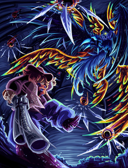 ambiguous_gender anthro bioluminescence biped blue_body blue_feathers brown_hair clothed clothing cowboy_hat detailed_background duo eye_contact feathered_wings feathers feet female fight flying gesture glowing glowing_eyes gun hair hand_gesture handgun hat headgear headwear holding_gun holding_handgun holding_object holding_ranged_weapon holding_revolver holding_weapon looking_at_another low-angle_view pointing pointing_at_another ranged_weapon revolver short_hair talons tan_body tan_skin three-quarter_view toes topwear weapon winged_arms wings yellow_body yellow_eyes yellow_feathers s_guacamole undertale undertale_(series) undertale_yellow clover_(undertale_yellow) martlet_(zenith_form) avian bird human mammal monster 2024 digital_drawing_(artwork) digital_media_(artwork) english_description hi_res signature
