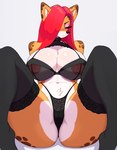 anthro big_breasts biped breasts clothed clothing eyeshadow female front_view fur hair huge_breasts legwear lingerie long_hair makeup mascara nipples pink_eyeshadow red_hair simple_background solo stockings tan_body tan_fur kinhey felid feline mammal hi_res