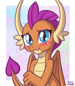 big_eyes blue_eyes blush fangs female horn pattern_background simple_background solo spade_tail tail teeth wings uotapo european_mythology friendship_is_magic hasbro my_little_pony mythology smolder_(mlp) dragon mythological_creature mythological_scalie scaled_dragon scalie western_dragon winged_dragon 2018 portrait