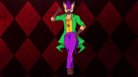 anthro bottomwear bracelet chest_tuft clothing dipstick_ears dipstick_limbs ear_markings ear_piercing feet hair jewelry jojo_pose looking_at_viewer male markings multicolored_ears necklace pants pattern_background piercing pose purple_eyes purple_hair purple_tail simple_background solo suit tail toes tuft suddenhack diamond_is_unbreakable jojo's_bizarre_adventure vitali_advenil hyena mammal 16:9 hi_res widescreen
