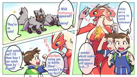3_fingers age_difference anthro backpack breasts brown_hair dialogue duo eye_contact female feral fingers fur grey_body grey_fur hair larger_female looking_at_another male pokemon_speak pupils size_difference smaller_human smaller_male text thick_thighs under_boob white_hair young third-party_edit umadura_ero nintendo pokemon pokemon_trainer avian blaziken canid canine generation_3_pokemon human mammal pokemon_(species) poochyena 16:9 comic english_text hard_translated hi_res japanese_text translated translation_edit widescreen