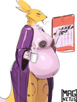anthro areola bad_parenting belly big_belly big_breasts black_areola black_nipples black_sclera breasts calendar cigarette cigarette_in_mouth clothed clothing container cup female female_anthro holding_container holding_cup holding_mug holding_object holding_writing_utensil mug navel nipples object_in_mouth open_clothing open_robe pregnant pregnant_anthro pregnant_female robe robe_only simple_background smoking smoking_while_pregnant solo standing writing_utensil magnetus bandai_namco digimon canid canine digimon_(species) mammal renamon 3:4 digital_media_(artwork) hi_res sketch