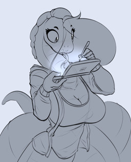 anthro apode breasts cleavage clothed clothing female forked_tongue glowing hoodie legless non-mammal_breasts serpentine solo tongue tongue_out topwear witchtaunter nintendo nintendo_ds nintendo_ds_family kaya_(witchtaunter) draconcopode naga reptile scalie snake absurd_res hi_res monochrome