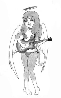 anthro bikini bikini_bottom bikini_top clothing collar collarbone electric_guitar fangs female fur guitar hair halo long_hair multicolored_body multicolored_fur musical_instrument playing_music plucked_string_instrument solo string_instrument swimwear teeth two-piece_swimsuit wings efradraws canid canine canis domestic_dog mammal absurd_res graphite_(artwork) hi_res marker_(artwork) monochrome traditional_media_(artwork)