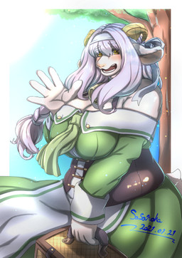 anthro bare_shoulders big_breasts bottomwear braided_hair braided_ponytail breasts cleavage clothed clothing curved_horn dress eyebrow_through_hair eyebrows eyelashes female fur furgonomic_bottomwear furgonomics gesture green_clothing green_dress green_eyes hair holding_object horizontal_pupils horn long_hair looking_at_viewer open_mouth overweight overweight_anthro overweight_female ponytail pupils purple_hair salute solo standing tail translucent translucent_hair white_body white_fur wide_hips sasanoha6011 lumeria_(sasanoha6011) bovid caprine goat mammal 2021 hi_res