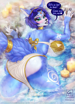 anthro bath bathtub big_breasts big_butt biped blue_body blue_fur blush bottomwear bra breasts butt candle claws clothed clothed_anthro clothed_female clothing collar collar_only detailed_background dialogue female finger_claws fingers fur green_eyes head_turned humanoid_hands inviting logo loincloth looking_at_viewer looking_back nude partially_submerged pose rear_view seductive skimpy smile solo speech_bubble steam talking_to_viewer text thick_thighs underwear water wet wet_body white_body white_fur wide_hips completealienation nintendo star_fox krystal_(star_fox) canid canine fox mammal artist_logo artist_name colored english_text hi_res pinup shaded url