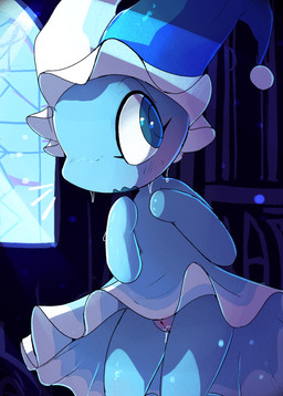 anthro big_eyes biped blue_body blue_eyes blush bodily_fluids clothing dress embarrassed eyelashes female female_anthro fool's_hat genital_fluids genitals hat headgear headwear mitten_hands pseudo_clothing shy snout solo sweat vaginal_fluids vulva water lodetail deltarune undertale_(series) darkner elemental_creature humanoid mizzle_(deltarune) water_creature 2025 digital_media_(artwork) hi_res shaded