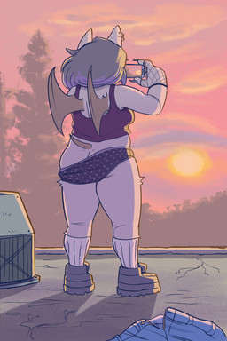 anthro bat_wings blue_bottomwear blue_clothing blue_shorts bottomwear breasts butt butt_cleavage cellphone claws clothes_on_ground clothing ear_piercing ear_ring electronics female fishnet_clothing fishnet_gloves fishnet_handwear footwear fur gloves grey_clothing grey_footwear grey_hair grey_shoes hair handwear membrane_(anatomy) membranous_wings panties phone piercing pink_sky purple_clothing purple_panties purple_topwear purple_underwear rear_view ring_piercing shoes shorts sky socks solo sun sunset taking_picture tan_body tan_fur thick_thighs topwear underwear wardrobe_malfunction white_clothing white_footwear white_socks wide_hips wings blueregardtwo tasha_(blueregardtwo) bat mammal 2:3 hi_res