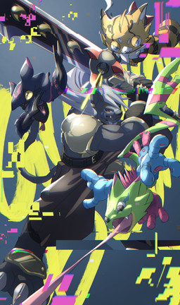 anthro black_body black_fur cybernetics female flying fur greatsword green_body group hair machine male melee_weapon muscular muscular_anthro muscular_male orange_body orange_fur plushie sword weapon white_hair wings tartarte_tatin bandai_namco digimon digimon_beatbreak animate_inanimate chiropmon cyborg digimon_(species) gekkomon living_plushie murasamemon pristimon scalie absurd_res hi_res