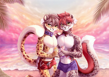 5_fingers anthro brown_hair clothed clothing day detailed_background duo fingers green_eyes grey_hair hair male outside pink_hair red_hair sky smile belo4ka cheetah felid feline leopard mammal pantherine 2021 digital_media_(artwork)