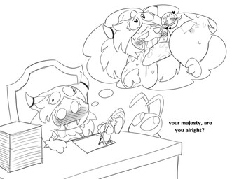 ambiguous_gender anthro aroused bodily_fluids daydream desk drooling duo female furniture genitals heart_eyes heart_symbol imagination licking loose_feather male male/female oral penile penis penis_lick quill saliva sex table tongue kittipaws kirby:_triple_deluxe kirby_(series) nintendo queen_sectonia taranza ant arachnid arthropod hymenopteran insect spider monochrome