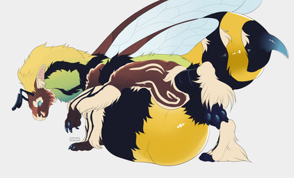 ambiguous_feral ambiguous_gender antennae_(anatomy) beady_eyes belly big_belly black_body black_fur blue_claws blue_eyes blue_pawpads blue_wings brown_body brown_fur claws feral fur glistening glistening_eyes mandibles mouth_closed pawpads side_view simple_background solo stinger tan_body tan_fur vore white_background wings yellow_body yellow_fur roobin mythology arthropod bee dragon furred_dragon furred_scalie hybrid hymenopteran insect mythological_creature mythological_scalie scalie hi_res